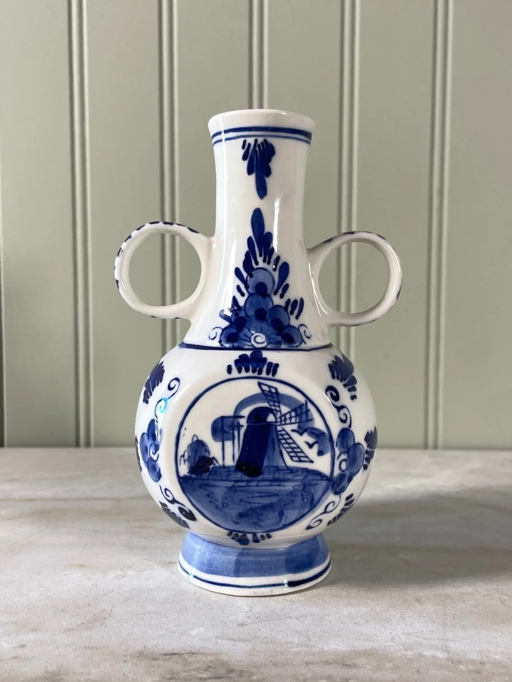 Vintage Holland Delf Double Handled Blue and White Vase